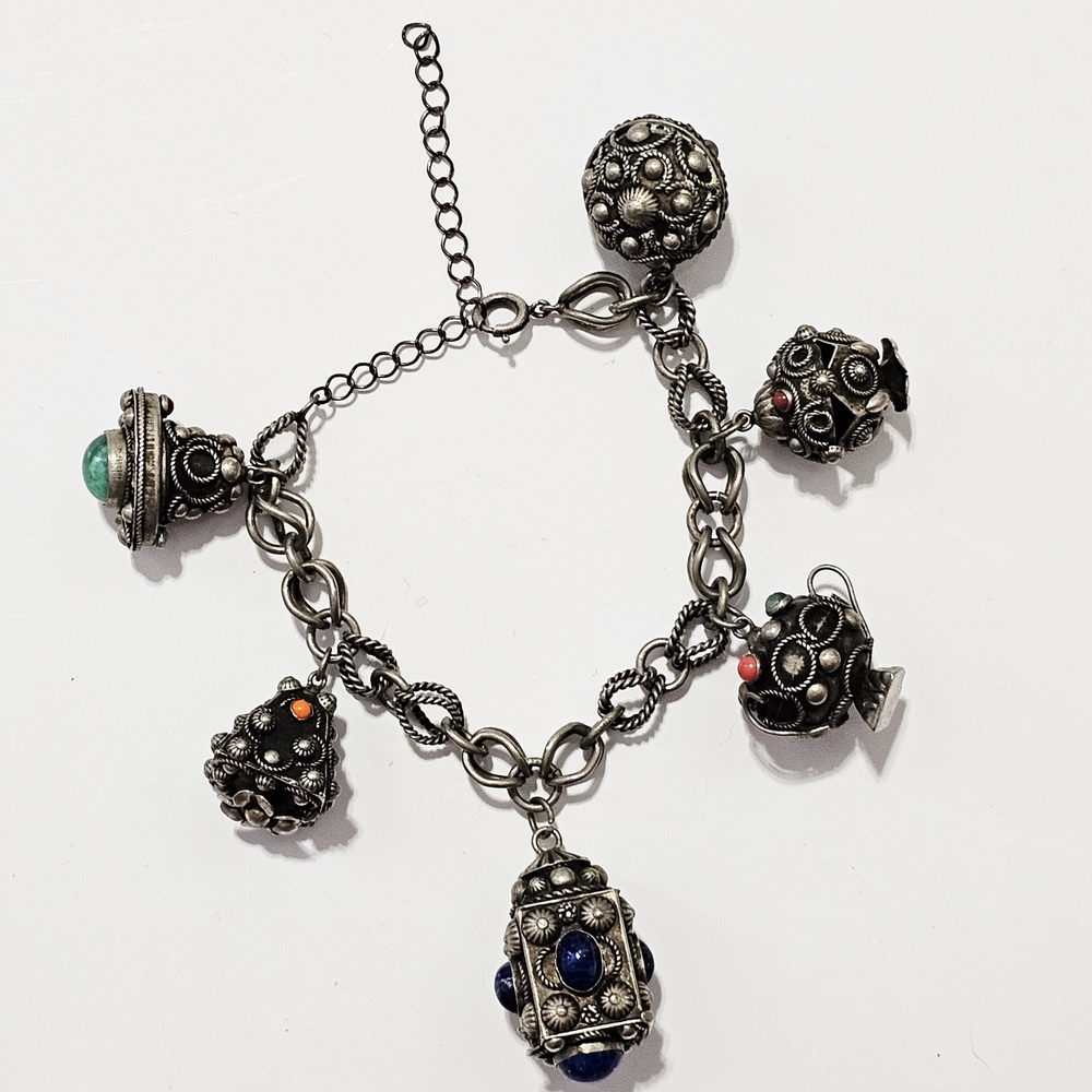 Vintage Silver Etruscian Revival Charm Bracelet